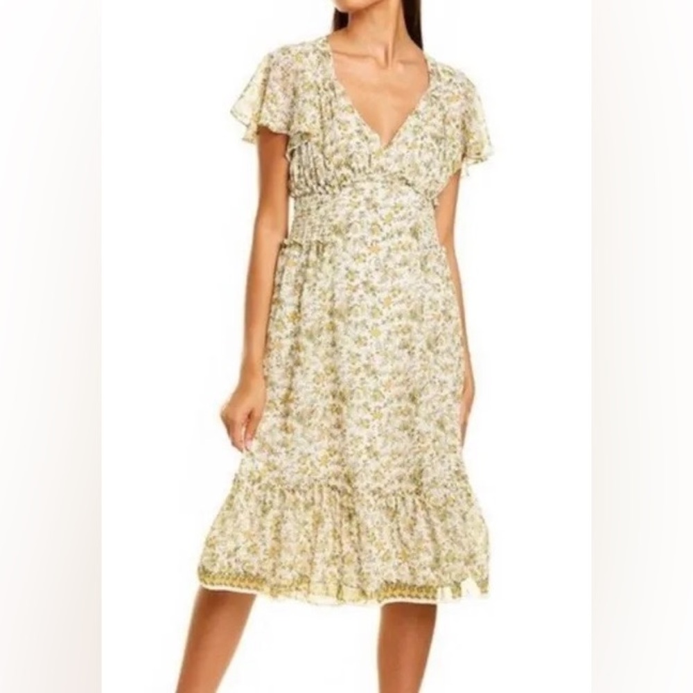 Max Studio Yellow Floral Flutter Sleeve Tiered Hem Midi Dress Size XL NEW V-Neck